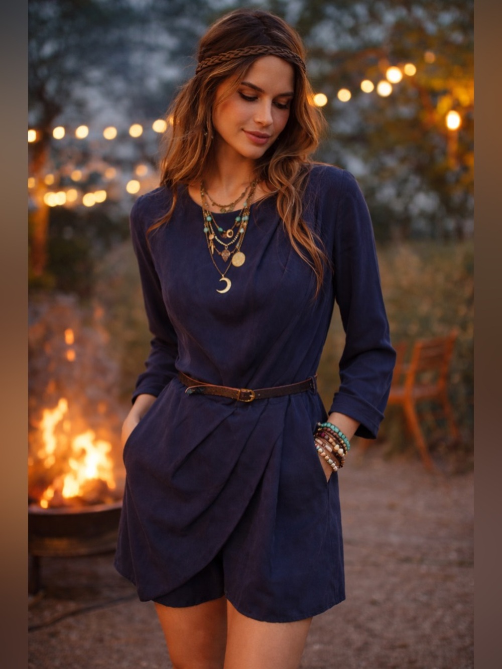 Dolce Vita 100% Silk Navy Shorts Romper Dress Belted Draped Mini NWT LONG SLEEVE - Picture 1 of 13